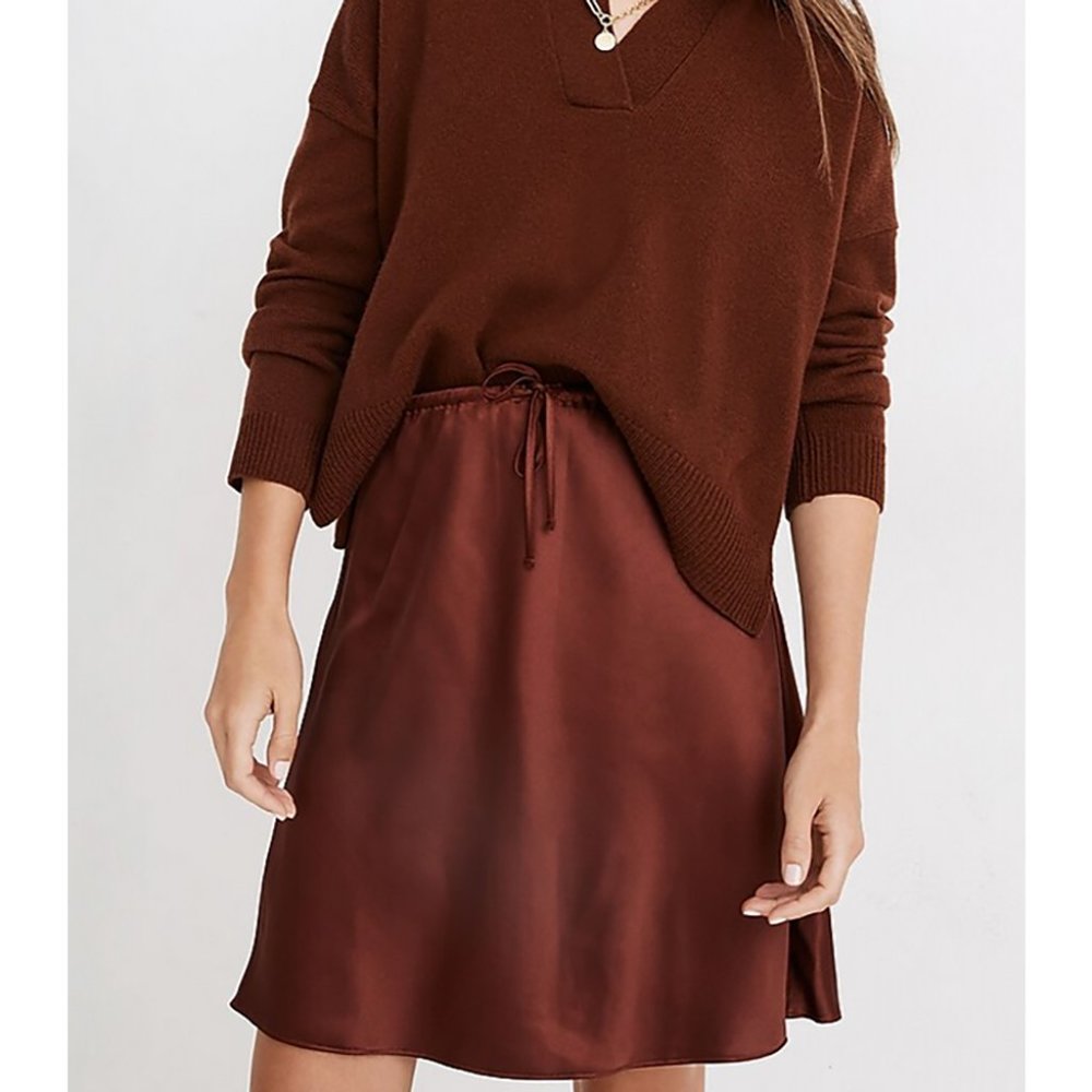 NWT Madewell Drawstring Mini Slip Skirt in Rusted Burgundy, Size 2